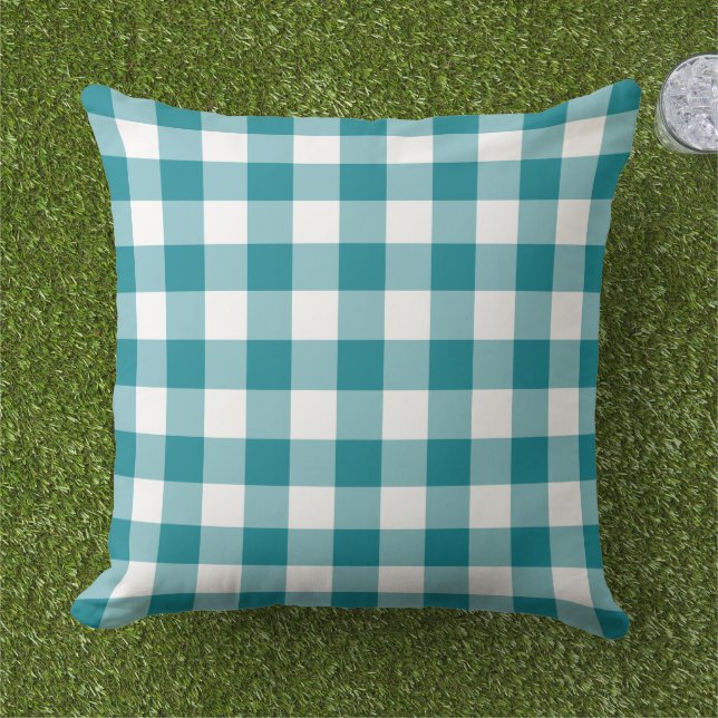 Cojín De Exterior Clásico Cuadro de Gingham Teal Blanco (Césped)