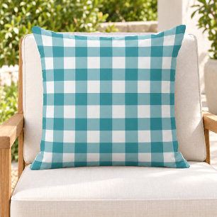 Cojín De Exterior Clásico Cuadro de Gingham Teal Blanco