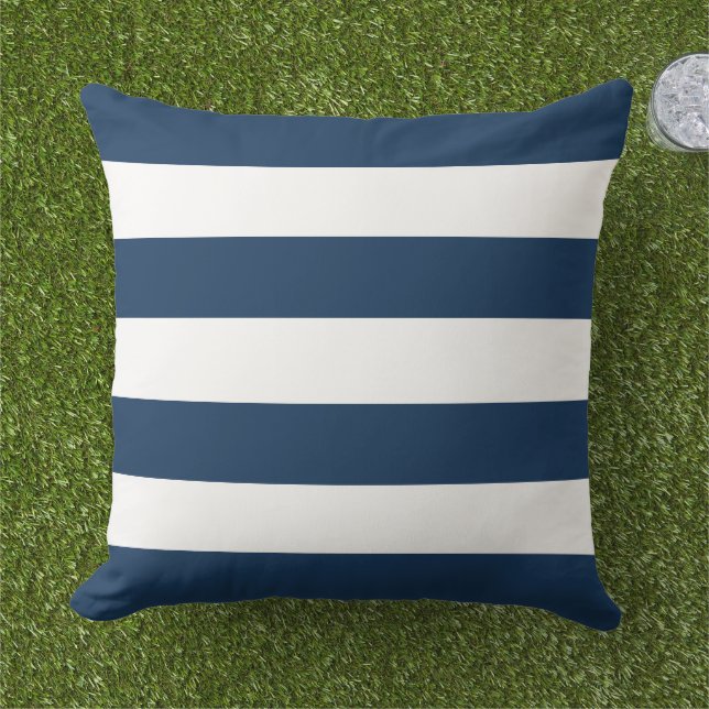 Cojín De Exterior Clásico Navy Blanco Ancho Rayado Horizontal (Césped)