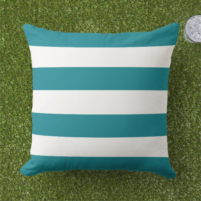 Cojín De Exterior Clásico Teal Blanco Ancho Rayado Horizontal (Césped)