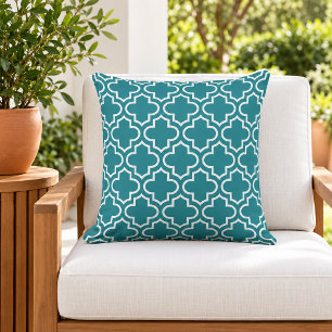 Cojín De Exterior Clásico Trellis de Cuatro Hojas Teal Blanco