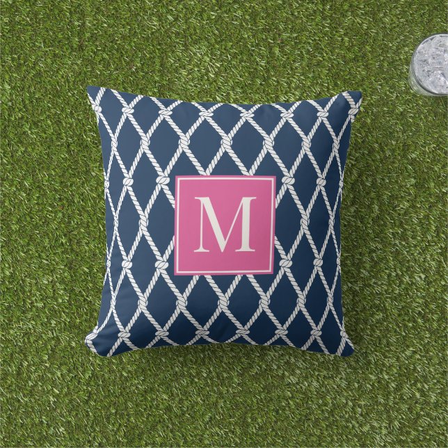 Cojín De Exterior Coastal Preppy Nautical Monogram – Navy & Hot Pink (Césped)