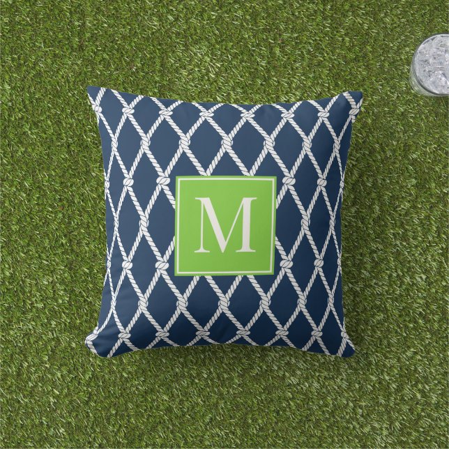 Cojín De Exterior Coastal Preppy Nautical Monogram – Navy & Lime (Césped)