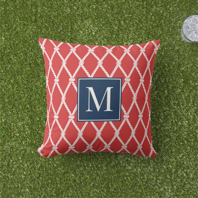 Cojín De Exterior Coastal Preppy Nautical Monogram – Red & Navy (Césped)
