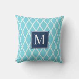 Cojín De Exterior Coastal Preppy Nautical Monogram Turquoise & Navy