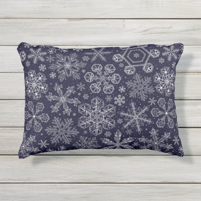 Cojín De Exterior Copos de nieve blancos en azul (Anverso)