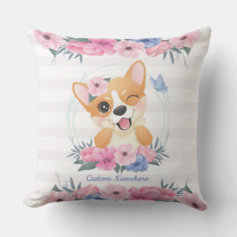 Cojín De Exterior Corona de flores de perro Corgi lindo Mariposa azu
