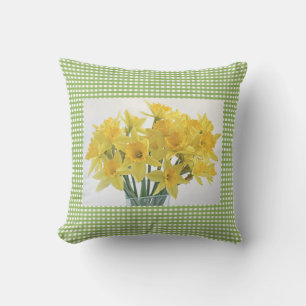 Cojín De Exterior Cuadrado de Gingham Verde con Narcisos Amarillos