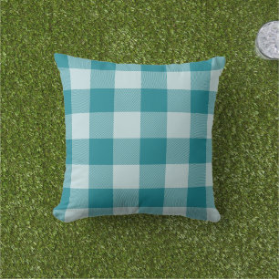 Cojín De Exterior Cuadro de Gingham Azul Verde y Plaid Búfalo