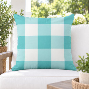 Cojín De Exterior Cuadro de Gingham grande blanco turquesa intenso