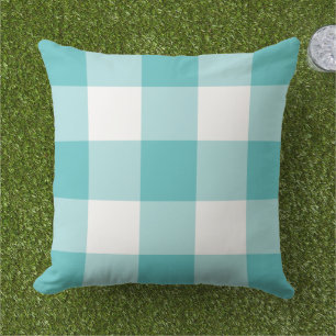 Cojín De Exterior Cuadro de Gingham grande blanco turquesa intenso