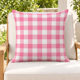 Cojín De Exterior Cuadro de Gingham Rosa Brillante Blanco y Cuadros