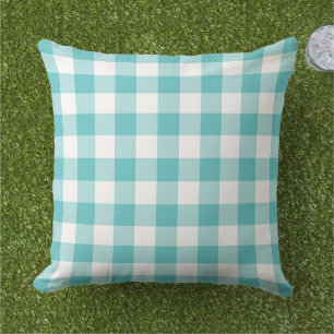 Cojín De Exterior Cuadro de Gingham Turquesa Blanco Audaz