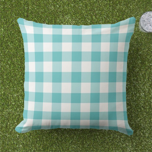 Cojín De Exterior Cuadro de Gingham Turquesa Blanco Audaz (Césped)