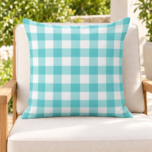Cojín De Exterior Cuadro de Gingham Turquesa Blanco Audaz