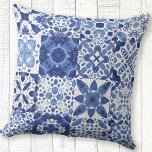 Cojín De Exterior Cuadros de agua del patrón de mosaico blanco azul<br><div class="desc">azulejos azul y blanco índigo en acuarela. Arte original de Nic Squirrell.</div>