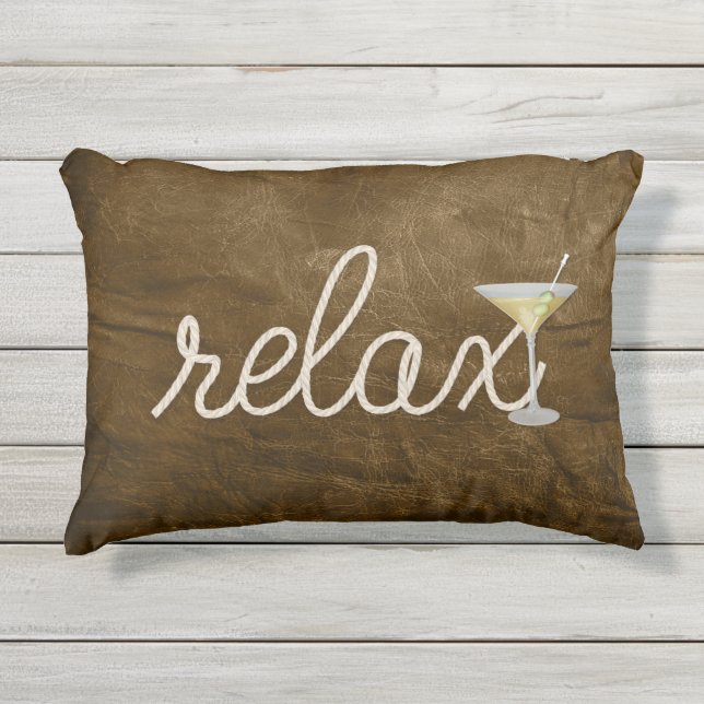 Cojín De Exterior cuerda náutica sobre textura de cuero marrón y mar (Anverso)