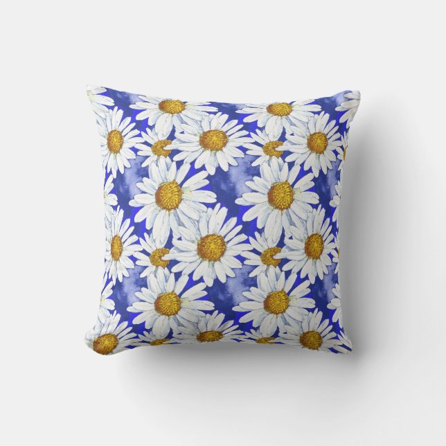 Cojín De Exterior Daisies acuarelas sobre el azul denim (Anverso)