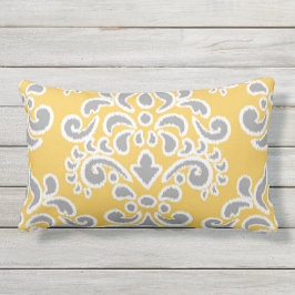 Cojín De Exterior Damasco floral de Ikat gris y amarillo