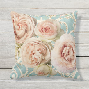 Cojín De Exterior Damasco inglés rosado del azul de los rosas