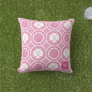 Cojín De Exterior Damask de Golf Elegante - Pelotas y Palos en Rosa