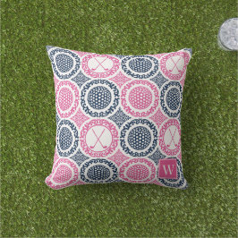 Cojín De Exterior Damask de Golf Preppy - Bolas y Palos Azul Marino 