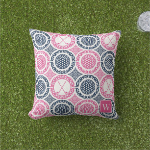Cojín De Exterior Damask de Golf Preppy - Bolas y Palos Azul Marino