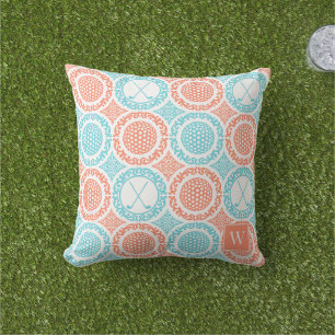 Cojín De Exterior Damask de Golf Preppy - Bolas y Palos Coral Turque