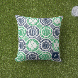 Cojín De Exterior Damask de Golf Preppy - Bolas y Palos en Azul Mari
