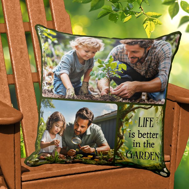 Cojín De Exterior Diversión de collage de fotos de jardín  (Pillow featuring a family photo collage with a green garden theme)