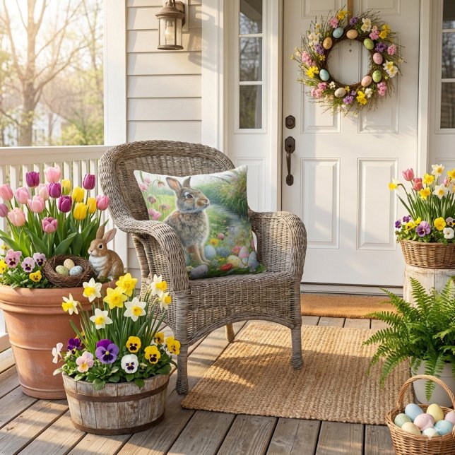 Cojín De Exterior Easter Holiday Rabbit Nature  (spring season porch or patio outdoor pillow. )