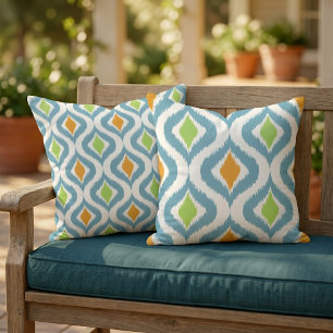 Cojín De Exterior El Naranja turquesa verde azulado Lime Green Ikat 