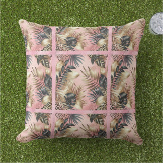 Cojín De Exterior Elegant Gold, Pink and Black Jungle Leaf Pattern
