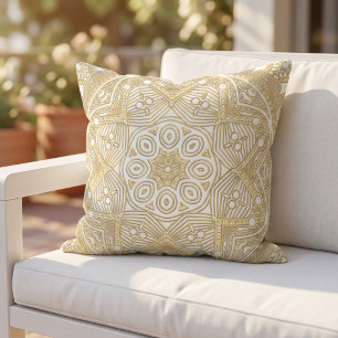 Cojín De Exterior Elegante Chic Mandala de Flor de Oro sobre Blanco