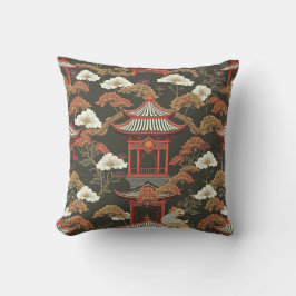 Cojín De Exterior Elegante Chinoiserie Pagoda Negro Rojo
