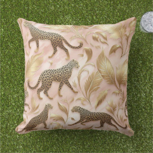 Cojín De Exterior Elegante Jungla Rosa y Leopardo Dorado