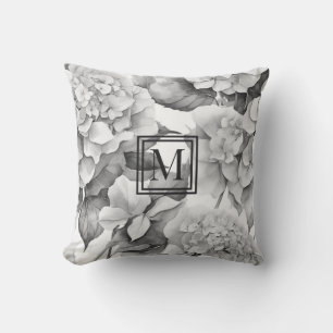 Cojín De Exterior Elegante monograma de acuarela floral gris blanco