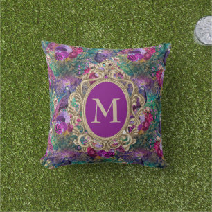 Cojín De Exterior Elegante Monograma de oro floral de pavo real Verd