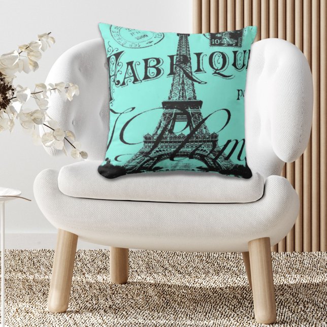 Cojín De Exterior escritura turquesa aqua verde azulada París Torre  (turquoise aqua teal scripts Paris Eiffel Tower Outdoor Pillow)