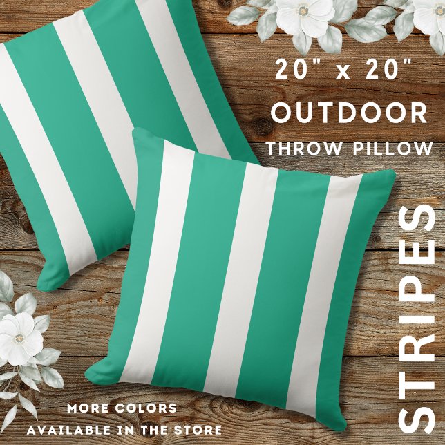 Cojín De Exterior Esmeralda Verde Y Banda Negrita Blanca (Emerald green And White Outdoor Striped Throw Pillows 20" x 20")