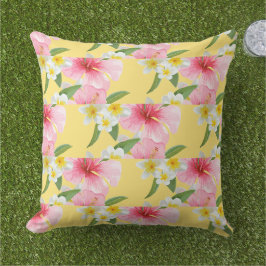 Cojín De Exterior Estampado de Plumeria de Hibisco Tropical Amarillo