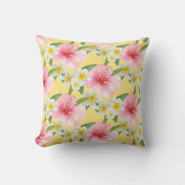 Cojín De Exterior Estampado de Plumeria de Hibisco Tropical Amarillo