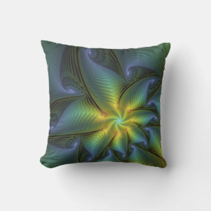 Cojín De Exterior Estrella abstracta, arte fractal dorado verde azul