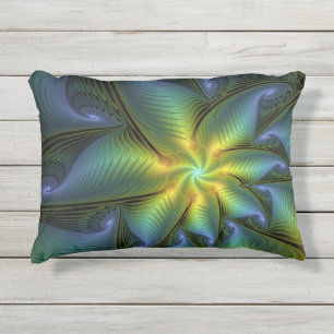 Cojín De Exterior Estrella abstracta, arte fractal dorado verde azul