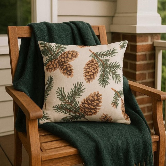 Cojín De Exterior Evergreen and  Pinecone  Porch / Patio   (Decorate your porch with throw pillows.  A perfect winter season decoration )