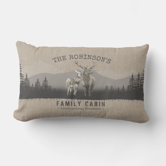 Cojín De Exterior Familia Cabina Deer Pine Tree Burlap Style (Anverso)