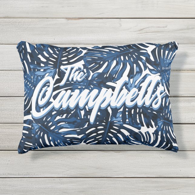 Cojín De Exterior Familia tropical Nombre patrón de hojas blancas az (Anverso)