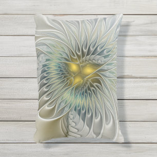 Cojín De Exterior Fantasía de flor de plata dorada Arte fractal abst