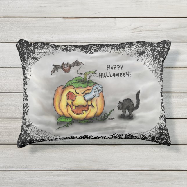 Cojín De Exterior Fantasma, Bat y Cat, ¡Feliz Halloween! (Anverso)