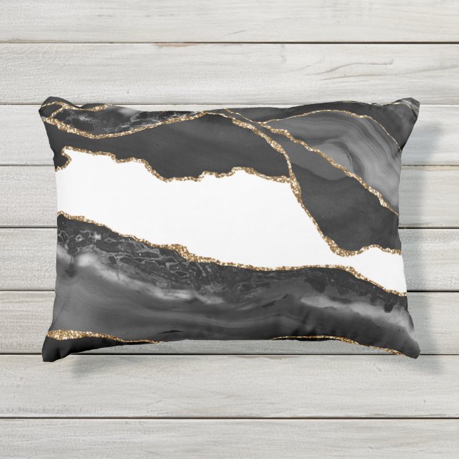 Cojín De Exterior Faux Marled Agate Black Stylish Luxury (Anverso)